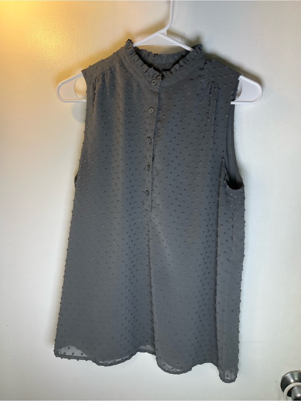 J. Crew Sleeveless Swiss Dot Ruffle Collar Top - Gray